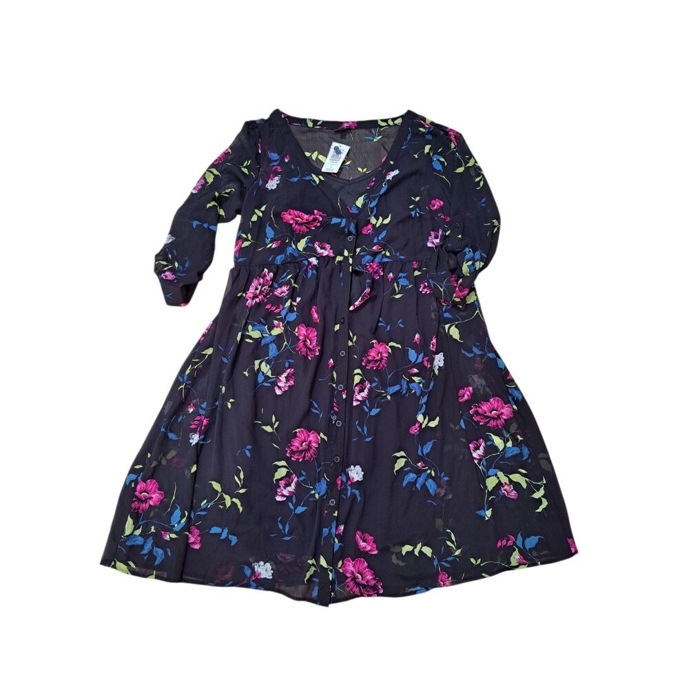 Torrid Women's Large Short Black Floral Roll Tab Sheer Dress 2Pc V Neck